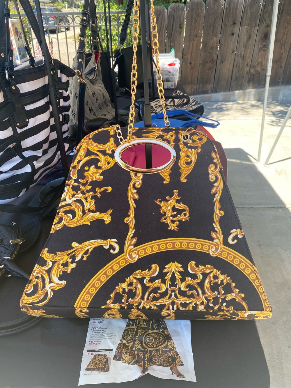 Baroque-Print Chain Handle Shoulder Bag - Black & Gold